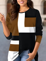 Damen nan geometrisches Colorblock Longsleeve-Tunika-Oberteil mit Rundhalsausschnitt und asymmetrischem Saum Drune in Braun