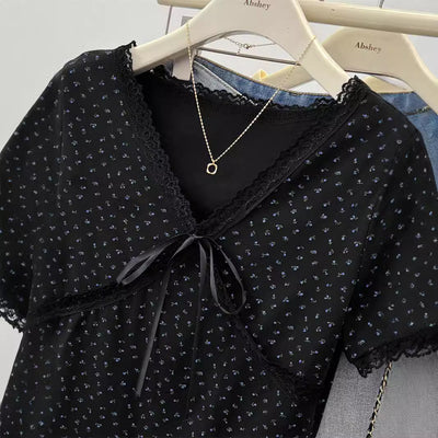 Femme Spitzenausschnitt V-Neck T-Shirt mit Bindung Heidi-Mode