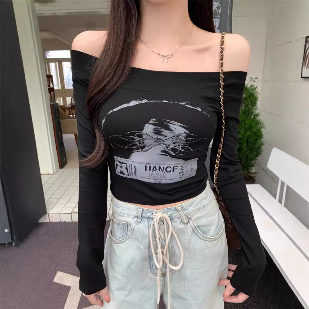 Frau Off-Shoulder Grafik Langarm Top mit Elegante Design Heidi-Mode