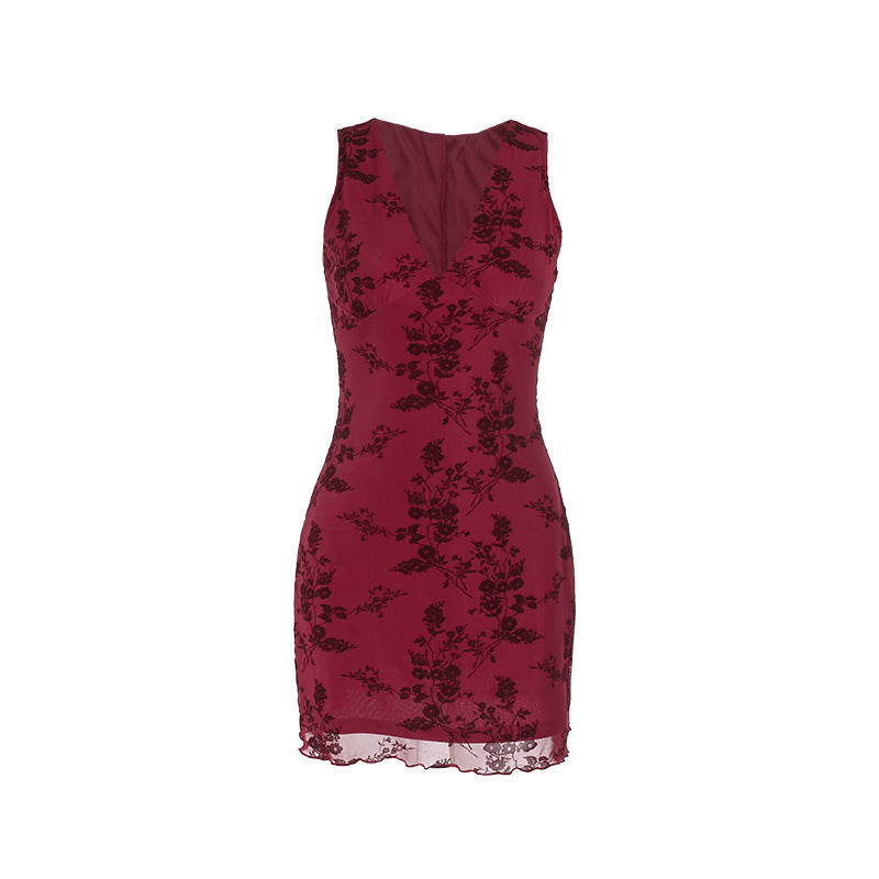 Monique - Blumenblondemuster und tiefes V-Ausschnitt Minikleid