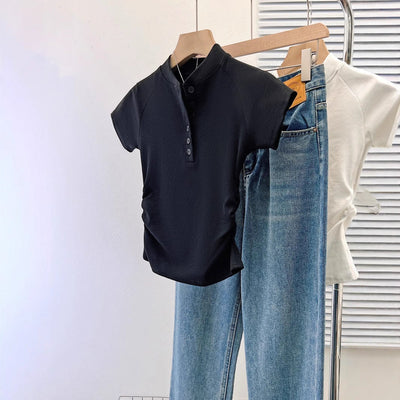 Femme Kurzarm Raffung Henley Oberteil mit Knopfdetail Heidi-Mode