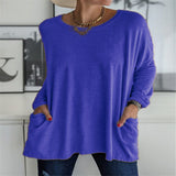 Damen nan oversized Longsleeve-Tunika mit Rundhalsausschnitt, überschnittener Schulter und aufgesetzten Taschen Drune in Blau