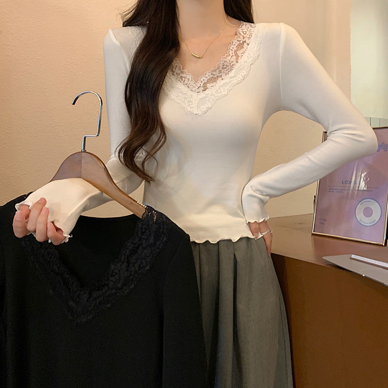 Damen Langarmspitzenbesatz V-Ausschnitt Oberteil Heidi-Mode