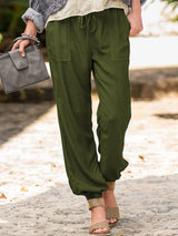Damen nan lässige Leinenoptik Jogginghose mit Tunnelzug, aufgesetzten Taschen und elastischen Bündchen Drune in Militärgrün