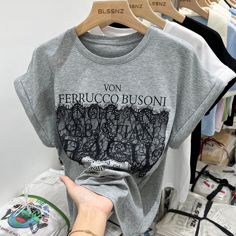 Femme Grafik Spitze Detail T-Shirt Heidi-Mode