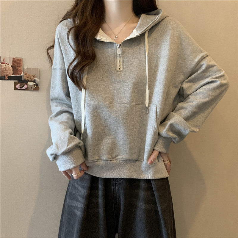 Femme Relaxed Fit Halb-Reißverschluss Pullover Hoodie Heidi-Mode