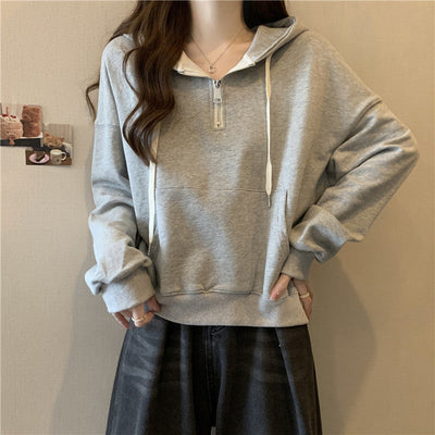 Femme Relaxed Fit Halb-Reißverschluss Pullover Hoodie Heidi-Mode