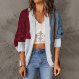 Damen nan lässige Strickjacke im Patchwork-Stil mit offener Front und 3/4-Ärmeln Drune in Weinrot