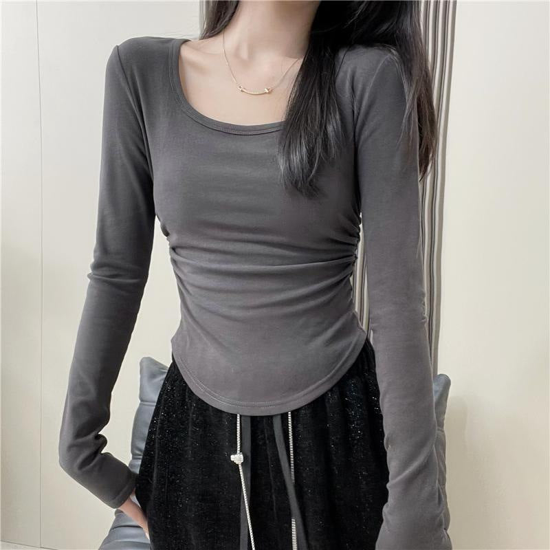 Damen Langarm Fitted Top mit Rundhalsausschnitt Detail Heidi-Mode