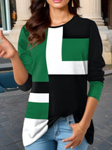 Damen nan geometrisches Colorblock Longsleeve-Tunika-Oberteil mit Rundhalsausschnitt und asymmetrischem Saum Drune in Grün