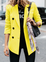 Damen nan taillierter Longblazer mit doppelreihiger Knopfleiste, Reverskragen und Eingrifftaschen Drune in Gelb