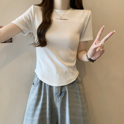 Femme Kurzarm-Ripp-T-Shirt mit stilvollem Ausschnitt-Detail Heidi-Mode