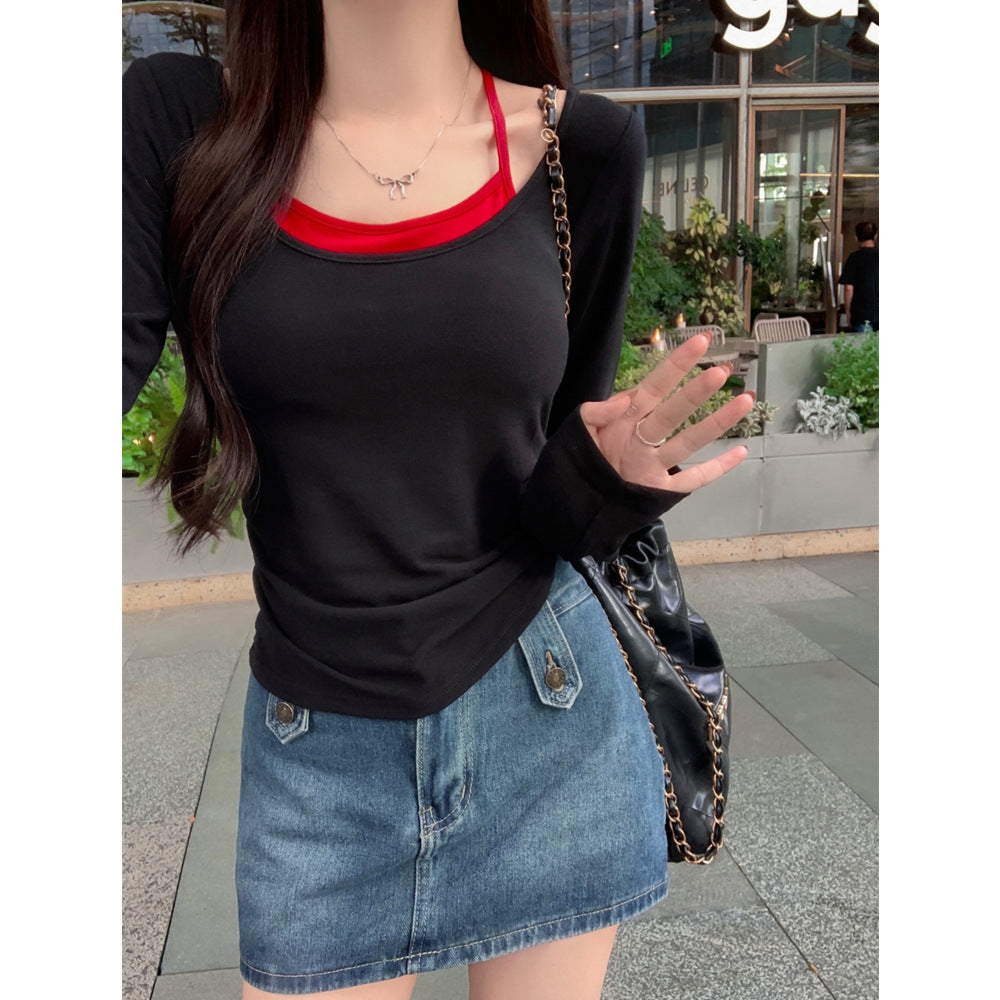 Damen Langarm-Layered-Top mit stilvollem Ausschnitt-Detail Heidi-Mode