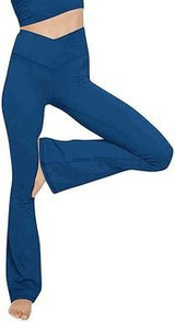 Damen nan taillenhohe Yogahose mit überkreuztem Bund und ausgestelltem Saum mit Schlitz Drune in Blau