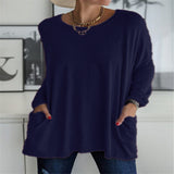 Damen nan oversized Longsleeve-Tunika mit Rundhalsausschnitt, überschnittener Schulter und aufgesetzten Taschen Drune in Marineblau