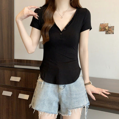 Damen Kurzarm-Polo-Top mit stylischem Knopfverschluss Heidi-Mode