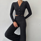 Damen Enganliegendes Crop Top Und High Waist Hosen Set – Zweiteiler Mit Knöpfen in Schwarz