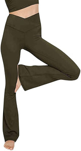Damen nan taillenhohe Yogahose mit überkreuztem Bund und ausgestelltem Saum mit Schlitz Drune in Olivgrün