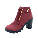 Damen nan elegante Schnür-Stiefelette mit mittlerem Blockabsatz, profilierter Gummilaufsohle und dekorativer Metallschnalle Drune in Weinrot