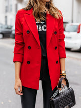 Damen nan taillierter Longblazer mit doppelreihiger Knopfleiste, Reverskragen und Eingrifftaschen Drune in Rot