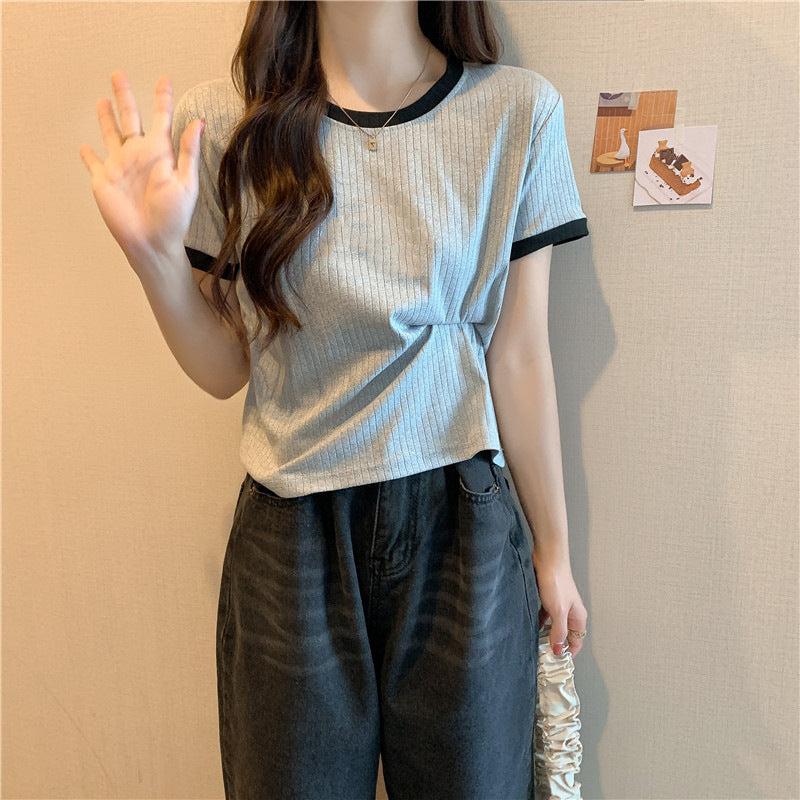 Damen Kurzarm-Ripp-T-Shirt mit Kontrastbesatz Heidi-Mode