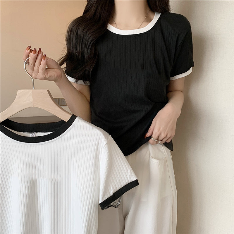 Damen Kurzarm-Ripp-T-Shirt mit Kontrastbesatz Heidi-Mode