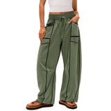 Damen nan weite Lounge-Hose mit Kordelzug, Kontrastpaspelierung und Cargo-Taschen Drune in Armeegrün