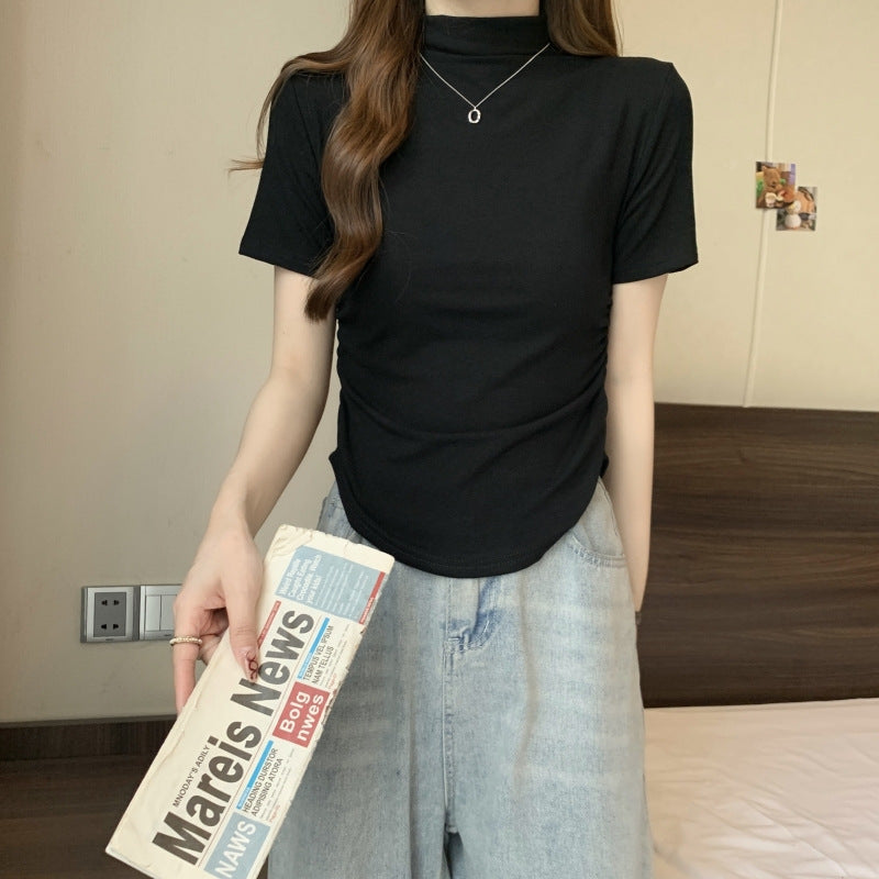 Femme Hoher Hals Enganliegend Kurzarmtop mit Seitlichem Raffung Detail Heidi-Mode