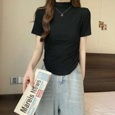 Femme Hoher Hals Enganliegend Kurzarmtop mit Seitlichem Raffung Detail Heidi-Mode