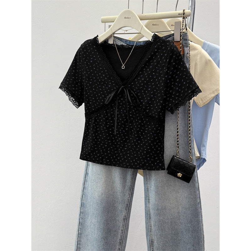 Femme Spitzenausschnitt V-Neck T-Shirt mit Bindung Heidi-Mode