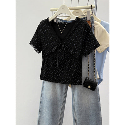 Femme Spitzenausschnitt V-Neck T-Shirt mit Bindung Heidi-Mode