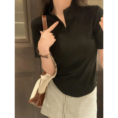 Femme Kurzarm Reißverschluss-Hals Top Heidi-Mode