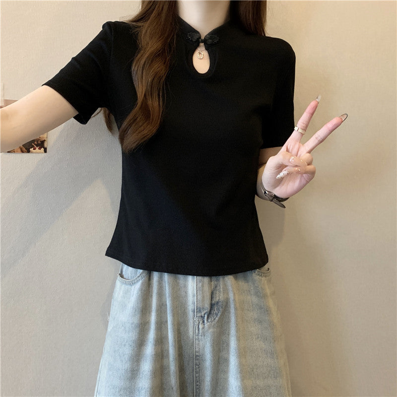 Femme Kurzarm-T-Shirt mit Schlüsselloch-Ausschnitt und dekorativem Bogen Heidi-Mode