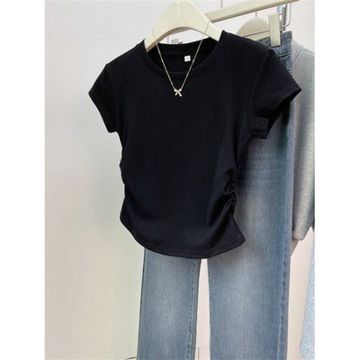 Femme Kurzarm Geraffte Seiten T-Shirt Heidi-Mode