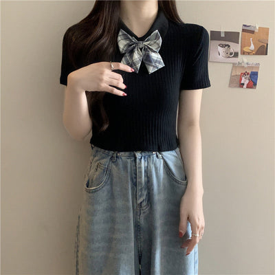 Femme Gestrickter Rippenshirt mit Kurzarm und Karo Schleifendetail Heidi-Mode