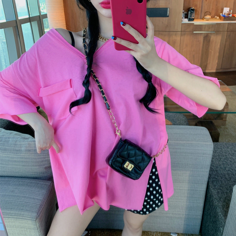 Damen Oversized V-Ausschnitt Top mit Taschen-Details Heidi-Mode