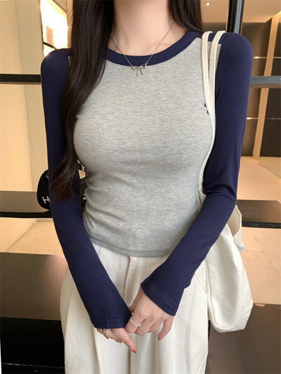 Damen Langarm-Ripp-Top mit Kontrastärmeln Heidi-Mode