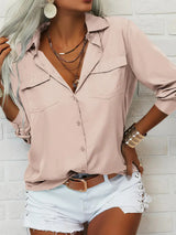 Damen nan leichte V-Ausschnitt Chiffonbluse mit Brusttaschen und geknöpftem Frontverschluss Drune in Apricotrosa