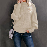 Damen nan Zopfmuster-Strickpullover mit Rollkragen und Ballonärmeln Drune in Apricot