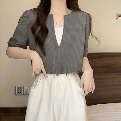 Femme Kurzarm Waffelstricktop mit Knopfdetails Heidi-Mode