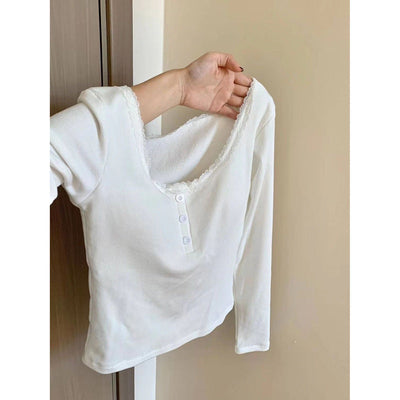 Femme Langarm-Spitzenbesetztes Ripp-Top Heidi-Mode