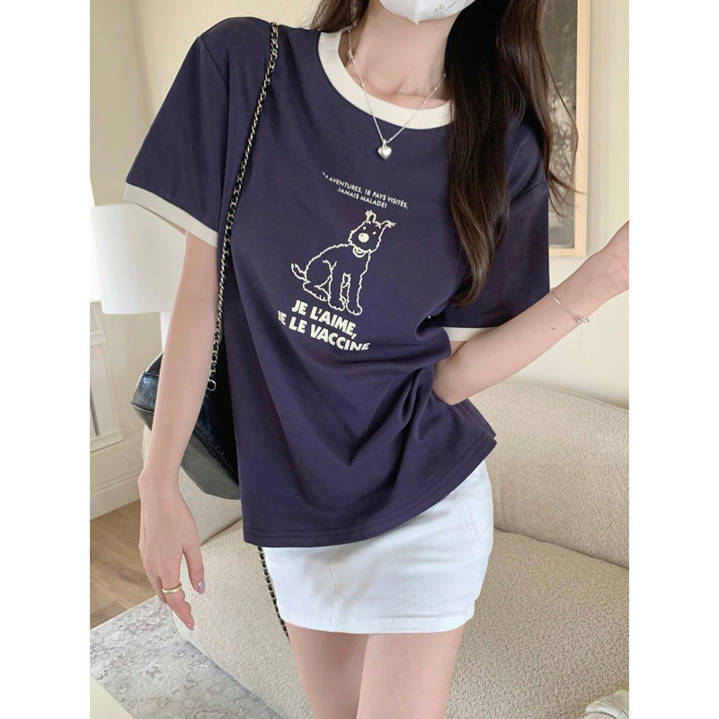 Femme Grafikdruck Freizeit-T-Shirt mit Kontrastbesatz Heidi-Mode