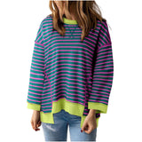 Damen nan oversized gestreifter Sweatshirtpullover mit kontrastsaum, überschnittener Schulter und seitlichen Schlitzen Drune in Blau gestreift