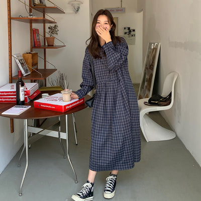 Damen Langarm Gingham Maxi Kleid mit verstellbarem Bund Heidi-Mode