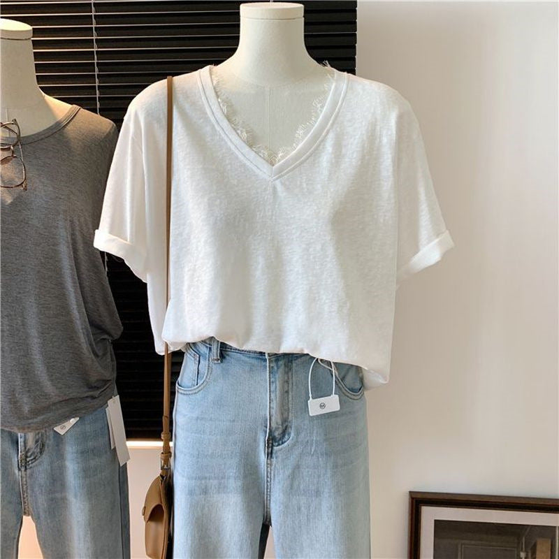 Femme Relaxed Fit V-Ausschnitt T-Shirt mit bequemen kurzen Ärmeln Heidi-Mode