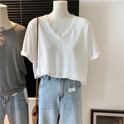 Femme Relaxed Fit V-Ausschnitt T-Shirt mit bequemen kurzen Ärmeln Heidi-Mode