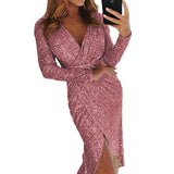 Damen nan glitzerndes Wickel-Midikleid mit V-Ausschnitt langen Ärmeln seitlichem Beinschlitz Drune in Rosa