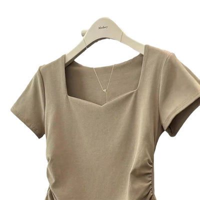 Damen Kurzarm Quadrat-Ausschnitt Raffung T-Shirt Heidi-Mode