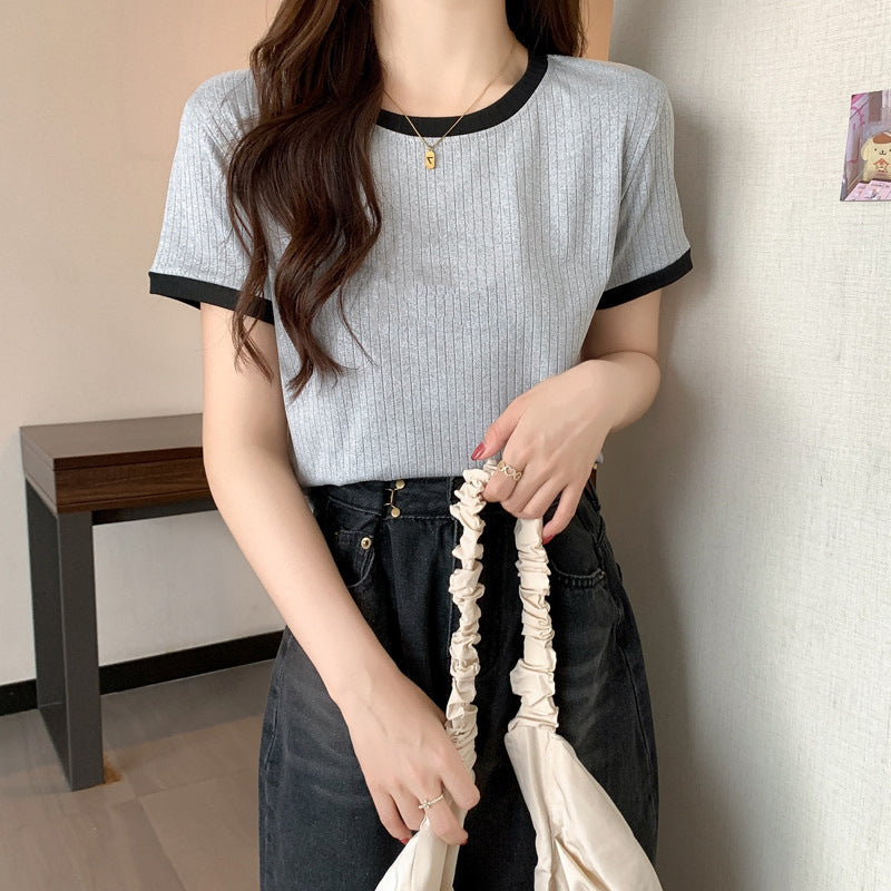 Femme Rippstrick Kontrastbesatz T-Shirt Heidi-Mode