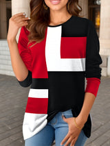 Damen nan geometrisches Colorblock Longsleeve-Tunika-Oberteil mit Rundhalsausschnitt und asymmetrischem Saum Drune in Rot